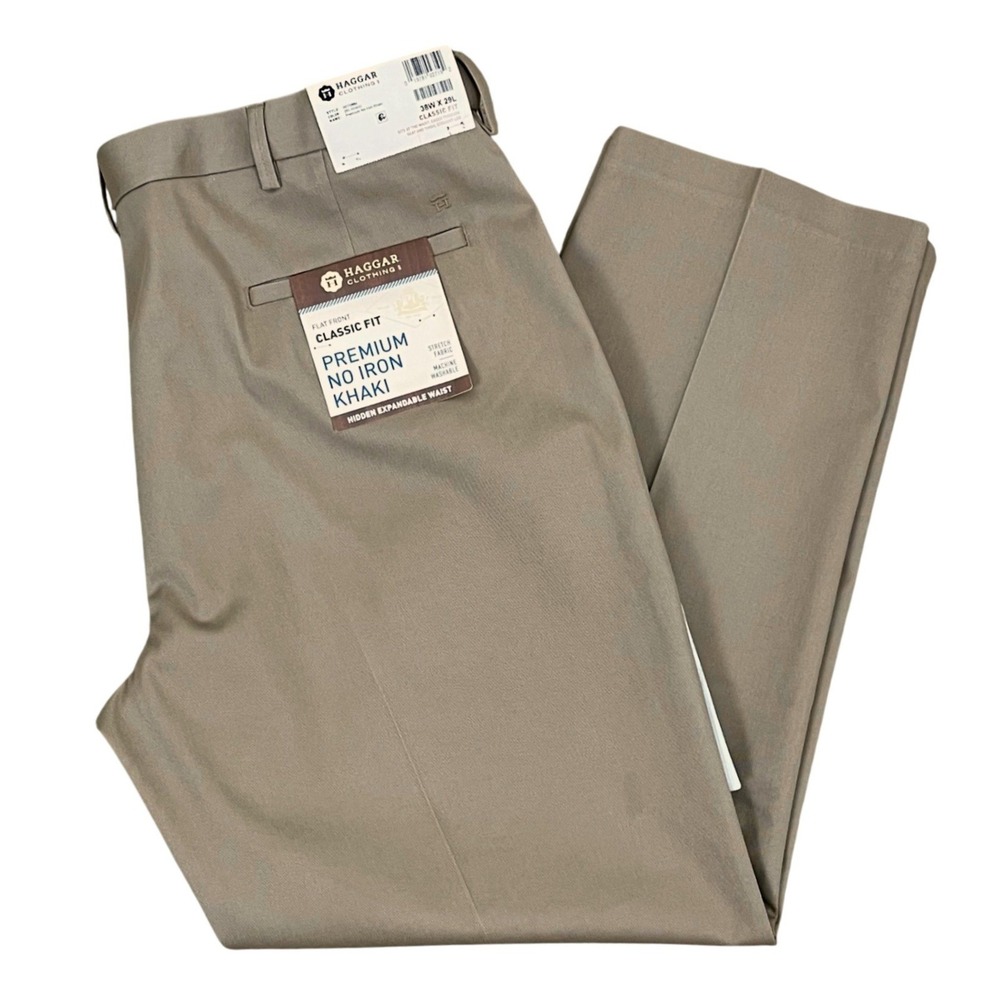 New Haggar Premium Khaki Dress Pant 38x29 Tan Classic Stretch Flat Front No Iron